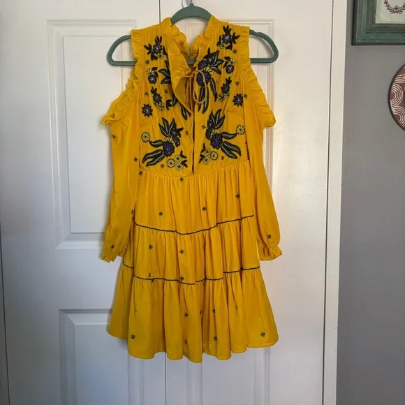 Anthropology Frock & Frill yellow velvet cold-shoulder dress w floral embroidery - Picture 10 of 15